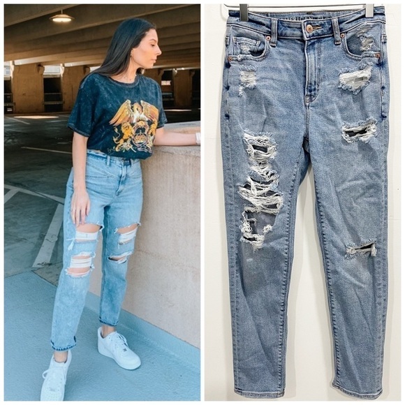 American Eagle Stretch Mom Jeans Distresses Light Wash High Rise Size 00 - Picture 1 of 12
